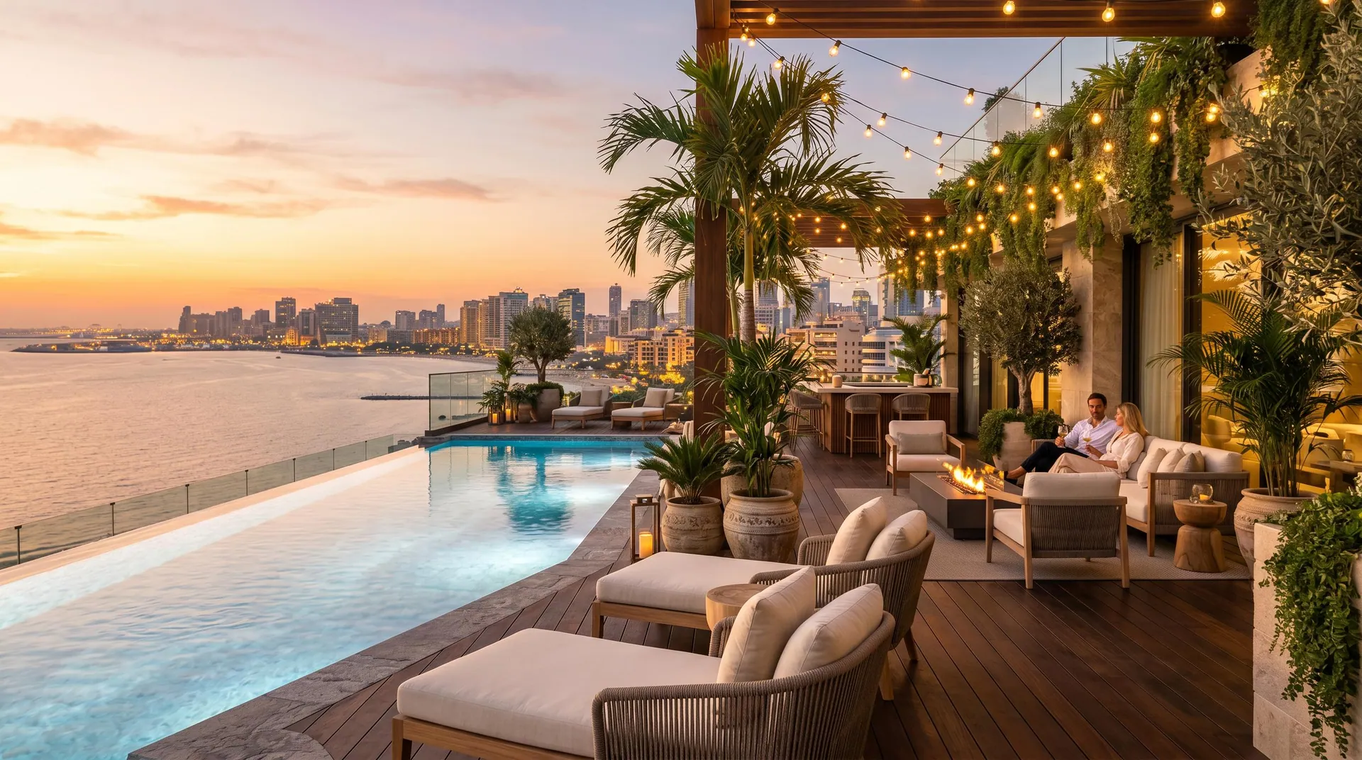 Rooftop terrace at golden hour